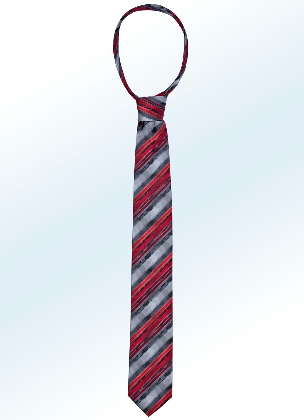 Ausdrucksvoll gestreifte Krawatte, Bordeaux-Dunkelgrau-Mittelgrau-Rot Gestreift von BADER