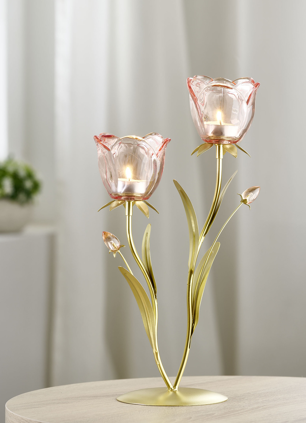 Eleganter Teelichthalter mit Gläser in Rosenform, Rosa-Gold Eleganter Teelichthalter mit Gläser in Rosenform, Rosa-Gold von BADER