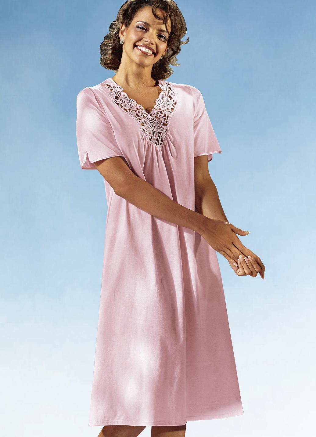 Nachthemd, Kurzarm mit V-Ausschnitt, Rosé, Größe 42 von BADER