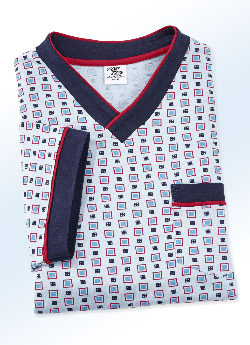 Nachthemd, kurzarm, mit schönem Alloverdessin, V-Ausschnitt und Seitenschlitzen, Hellblau-Bunt, Größe 58 von BADER