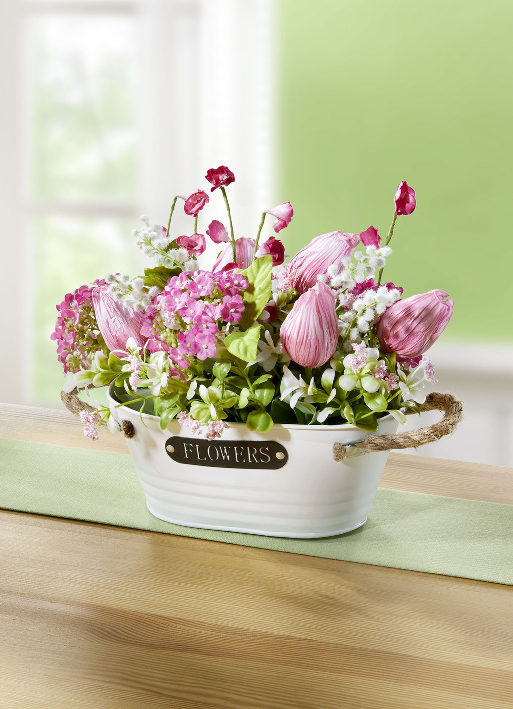 Tulpen-Gesteck in Topf, Rosa-Grün-Weiss Tulpen-Gesteck in Topf, Rosa-Grün-Weiss von BADER