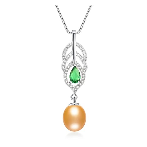 BAFAFA Halskette mit natürlichen Süßwasserperlen for Damen, AAAA-Silberanhänger, grüner Kristall, 925er Silberschmuck (Color : Gold, Size : 8-9mm) von BAFAFA