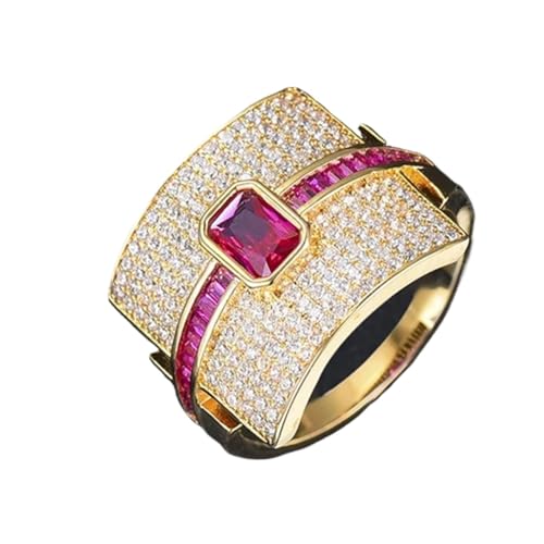 BAFAFA Luxuriöser Statement-Stapelring for Frauen, Hochzeit, kubischer Zirkon, Verlobung, Dubai, Punk, Braut-Top-Ringe (Color : Ruby Gold, Size : 4) von BAFAFA