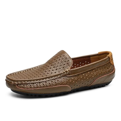 BAFAFA Sommer-Männer-Freizeitschuhe, weiches echtes Leder, Herren-Loafer, Mokassins, atmungsaktive Slip-on-Bootsschuhe (Color : Hollow Khaki, Size : 39) von BAFAFA