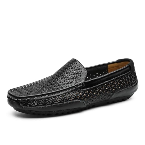 BAFAFA Sommer-Männer-Freizeitschuhe, weiches echtes Leder, Herren-Loafer, Mokassins, atmungsaktive Slip-on-Bootsschuhe (Color : Hollow Out Black, Size : 37) von BAFAFA