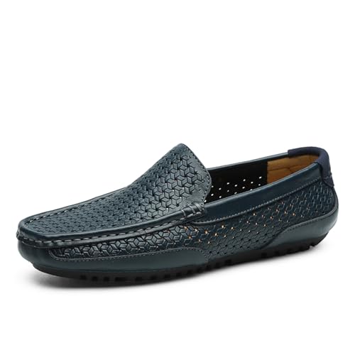 BAFAFA Sommer-Männer-Freizeitschuhe, weiches echtes Leder, Herren-Loafer, Mokassins, atmungsaktive Slip-on-Bootsschuhe (Color : Hollow Out Blue, Size : 37) von BAFAFA