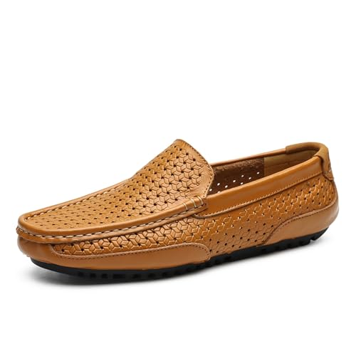 BAFAFA Sommer-Männer-Freizeitschuhe, weiches echtes Leder, Herren-Loafer, Mokassins, atmungsaktive Slip-on-Bootsschuhe (Color : Hollow Out Yellow, Size : 39) von BAFAFA