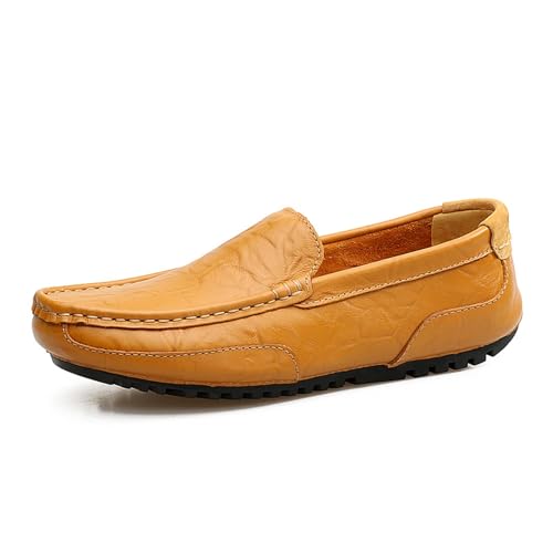 BAFAFA Sommer-Männer-Freizeitschuhe, weiches echtes Leder, Herren-Loafer, Mokassins, atmungsaktive Slip-on-Bootsschuhe (Color : Yellow, Size : 38) von BAFAFA