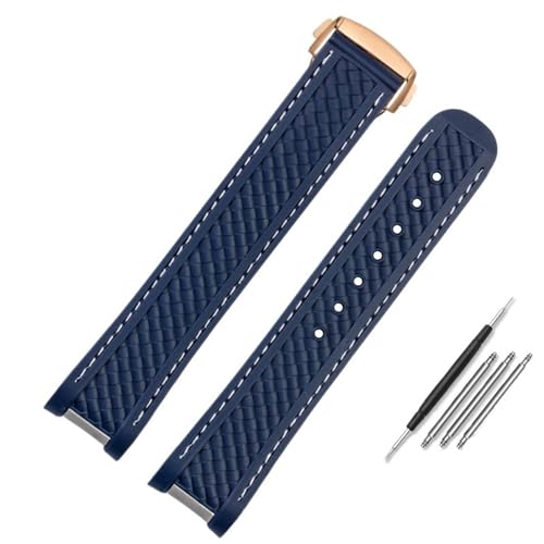 BAHDB 20mm 21mm Gummi Silikon Uhrenarmband für Omega Seamaster 300 AT150 Aqua Terra Ultra Light 8900 Stahlschnalle Blau Armband Armbänder(Color:Blue-rose gold,Size:21mm) von BAHDB