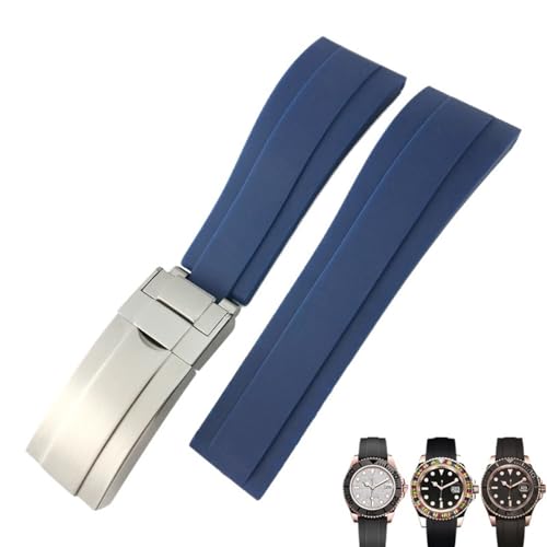 BAHDB 20mm 21mm Gummi-Uhrenarmband für Role Rolex Submariner OYSTERFLEX Daytona GMT Yacht Master Strap Edelstahl-Verschlussarmband (Color : Blue-buckle, Size : 20mm) von BAHDB