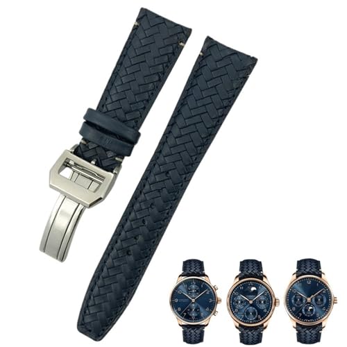 BAHDB 22 mm 20 mm 21 mm gewebtes Rindsleder-Uhrenarmband, passend für IWC Portugieser Fliegeruhren Portofino IW5007, blaues Uhrenarmband aus weichem Leder (Color : Blue silver 1, Size : 22mm) von BAHDB