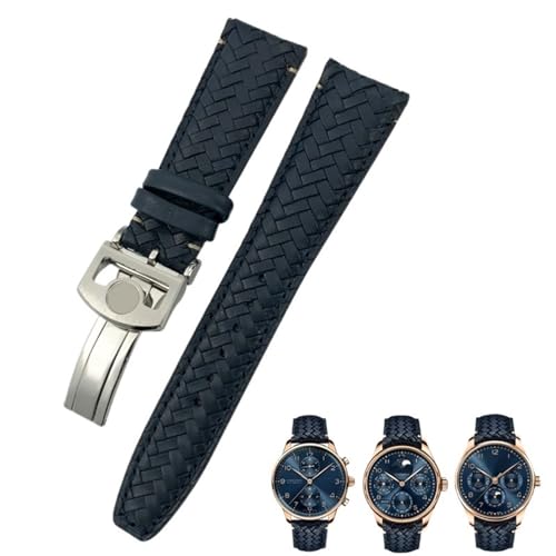 BAHDB 22 mm 20 mm 21 mm gewebtes Rindsleder-Uhrenarmband, passend für IWC Portugieser Fliegeruhren Portofino IW5007, blaues Uhrenarmband aus weichem Leder (Color : Blue silver 2, Size : 22mm) von BAHDB