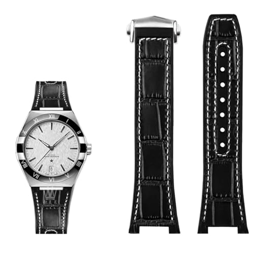 BAHDB Armband aus echtem Leder mit Silikonbasis für das Uhrenarmband der Omega Constellation-Serie Perfect Observatory 131.13 Manhattan-Serie(Color:Black white silver) von BAHDB