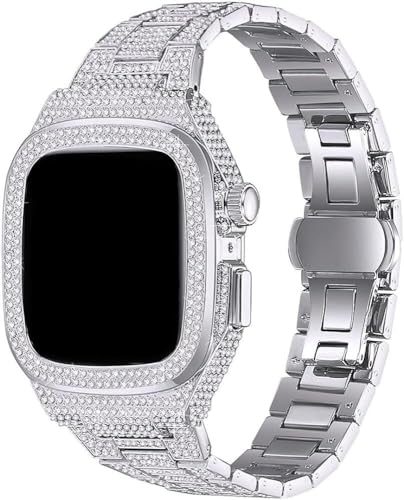 BAHDB Diamant-Uhrengehäuse + Metallarmband-Modifikationsset für Apple Watch 8 7 6 5 4 SE 44 mm 45 mm, modisches Business-Armband für Damen und Mädchen, 45mm, Achat von BAHDB