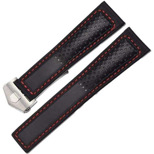 BAHDB Echtes Lederarmband, 22 m, für Tag Heuer F1-Armband, rote Nähte, Uhrenarmband aus Leder mit Faltschließe(Color:Black red silver) von BAHDB