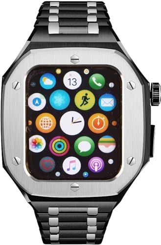 BAHDB Edelstahl-Stoßdämpfergehäuse, Uhrenarmband, für Apple Watch 8, 7, 6, 5, 4, SE, 45 mm, 44 mm, Herren-Mod-Kit, integriertes Armband, stoßfestes Armband und Hülle, 45 mm, Achat von BAHDB
