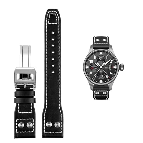 BAHDB Für IWC PILOT Mark Rindslederarmband 21mm 22mm 20mm Echtleder Uhrenarmband Bambusmaserung Nieten Dunkelbraun Schwarz Uhrenarmband Zubehör(Color:A black Silver,Size:20mm) von BAHDB