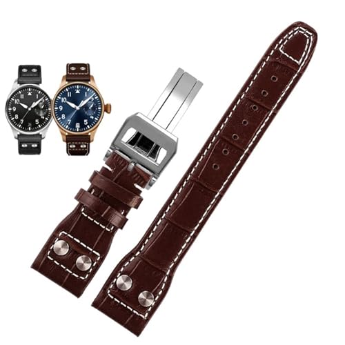 BAHDB Für IWC PILOT Mark Rindslederarmband 21mm 22mm 20mm Echtleder Uhrenarmband Bambusmaserung Nieten Dunkelbraun Schwarz Uhrenarmband Zubehör(Color:B Brown Silver,Size:21mm) von BAHDB