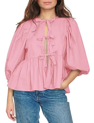 BAIGRAM Damen-Sommer-Bluse, elegant, leger, mit Schnürung vorne, Puffärmel, Schößchen, Y2K, zum Ausgehen, Rüschen, Babydoll-Shirt, Pink, Klein von BAIGRAM