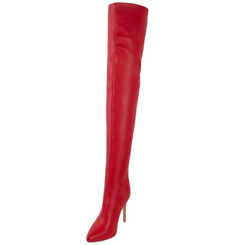 BAIRUNDA Overknee-Stiefel Für Damen, 11 Cm Hohe Stiefel, Bequeme Große Stilettos Spitze Zehen Reißverschluss Hinten Lange Stiefel Für Die Tägliche Freizeit, Party, 35.5 EU,Red von BAIRUNDA