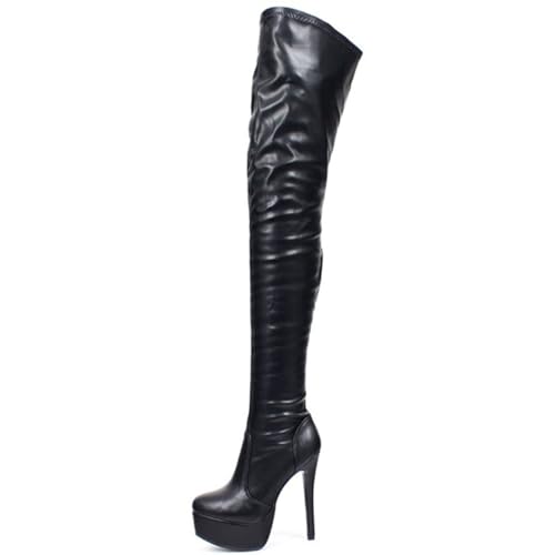 BAIRUNDA Overknee Stiefel Für Damen, 14 Cm Hohe Stiefel Mit Dickem Boden Große Stilettos Hohe Absätze Wasserplattform Seitlicher Reißverschluss Spitze Zehen, Lange Stiefel, 36 EU,Black von BAIRUNDA