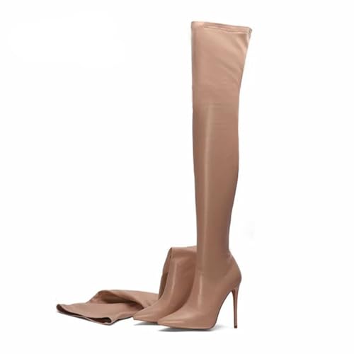 BAIRUNDA Overknee Stiefel Für Damen, Elastische Stiefel Große Größe Einfarbig, Hohe Stiefel Stilettos Hohe Absätze Spitze Zehen Lange Stiefel, 12cm/4.72 Inch, 41 EU,Apricot von BAIRUNDA