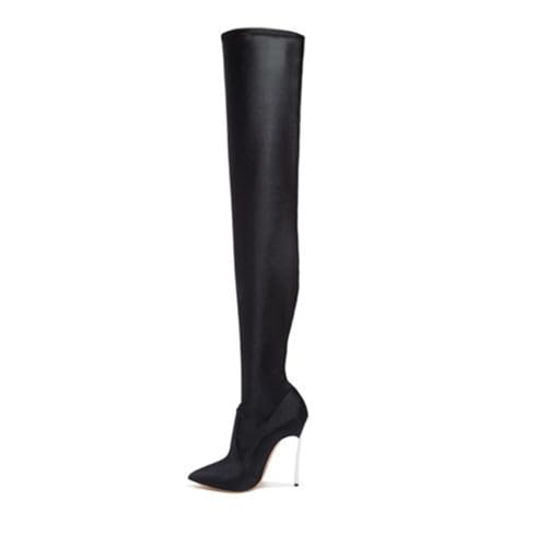 BAIRUNDA Overknee Stiefel Für Damen, Elastische Stoffstiefel Große Damen-hohe Stiefel, Stilettos Hohe Absätze Zum Anziehen Spitze Zehen Lange Stiefel, 12cm/4.72 Inch, 36 EU,Black von BAIRUNDA