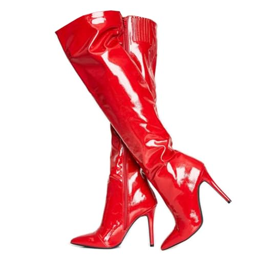 BAIRUNDA Overknee Stiefel Für Damen, Hohe Damenstiefel Aus Lackleder Große Größe Seitlicher Reißverschluss Stilettos Hohe Absätze Spitze Zehen, Lange Stiefel, 12cm/4.72 Inch, 36 EU,Red von BAIRUNDA