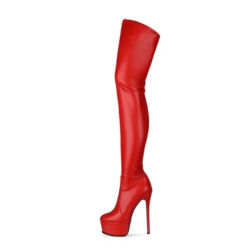 BAIRUNDA Overknee Stiefel Für Damen, Hohe Damenstiefel Einfarbig Stilettos, Hohe Absätze Dicker Boden Wasserplattform Lange Stiefel Für Modenschau, Party, 15cm/5.90inch, 36 EU, Red von BAIRUNDA