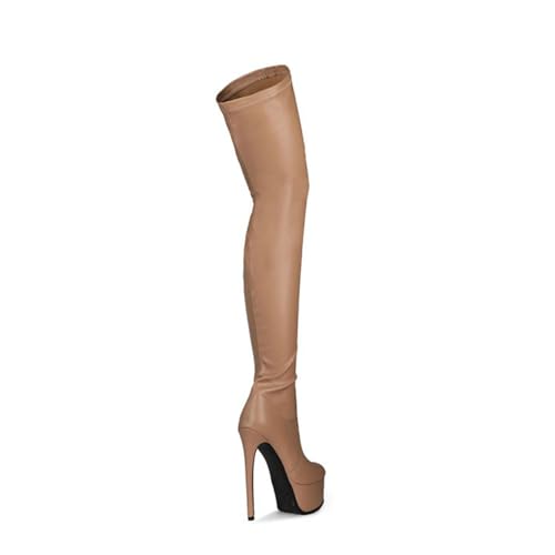 BAIRUNDA Overknee Stiefel Für Damen, Hohe Damenstiefel Einfarbig Stilettos, Hohe Absätze Dicker Boden Wasserplattform Lange Stiefel Für Modenschau, Party, 15cm/5.90inch, 37 EU, Apricot von BAIRUNDA