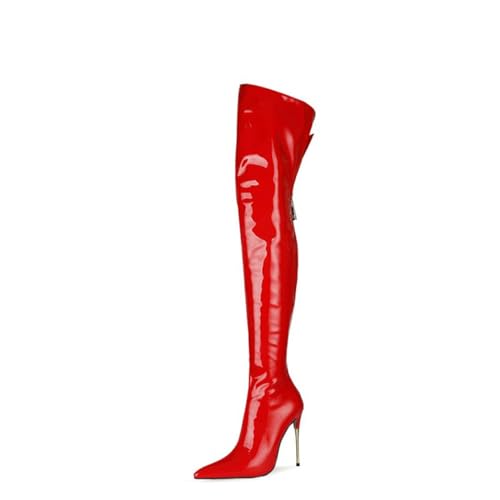 BAIRUNDA Overknee Stiefel Für Damen, Hohe Damenstiefel Mit Reißverschluss Hinten Stilettos Hohe Absätze Spitze Zehen Lange Stiefel Für Den Alltag, Party, 11cm/4.33 Inch, 36 EU, Red von BAIRUNDA