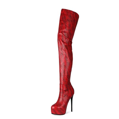 BAIRUNDA Overknee Stiefel Für Damen, Hohe Damenstiefel Schlangenmuster Stilettos Hohe Absätze Dicker Boden Wasserplattform Lange Stiefel Für Modenschau, Party, 15cm/5.90inch, 37 EU,Red von BAIRUNDA