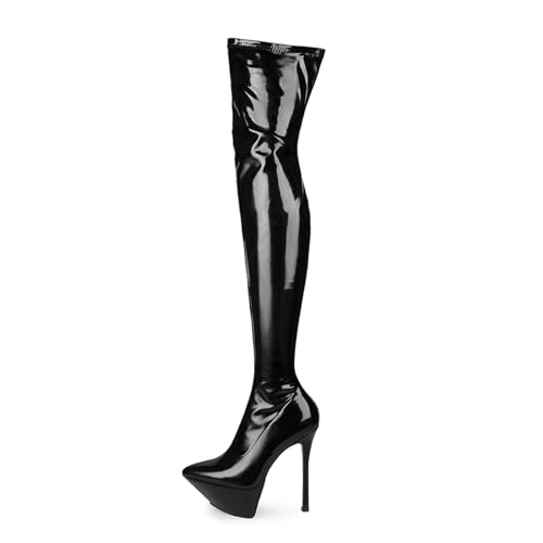 BAIRUNDA Overknee Stiefel Für Damen, Hohe Stiefel Große Größe Spitze Zehen, Stilettos Hohe Absätze Dicker Boden Wasserplattform Lange Stiefel Für Modenschau, Party, 15cm/5.90inch, 36 EU,Black von BAIRUNDA