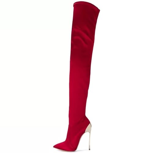 BAIRUNDA Overknee Stiefel Für Damen, Samt Stretchstiefel Einfarbig Hohe Damenstiefel Stilettos Hohe Absätze Spitze Zehenärmel Lange Stiefel, 12cm/4.72 Inch, 36 EU, Red von BAIRUNDA