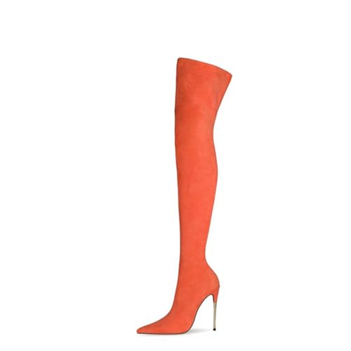 BAIRUNDA Overknee Stiefel Für Damen, Samt Stretchstiefel Stilettos Hohe Absätze Spitze Zehenärmel Lange Stiefel, 10 Cm/3.93inch, 37 EU, Orange von BAIRUNDA