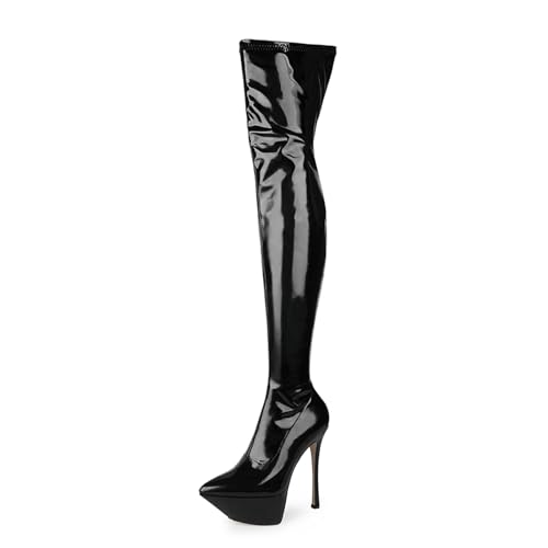 BAIRUNDA Overknee Stiefel Für Damen, Stretch Stiefel Reißverschluss Hinten, Stilettos High Heels Dicker Boden Wasserplattform Lange Stiefel Für Modenschau, Party, 15cm/5.90inch, 36 EU,Black von BAIRUNDA