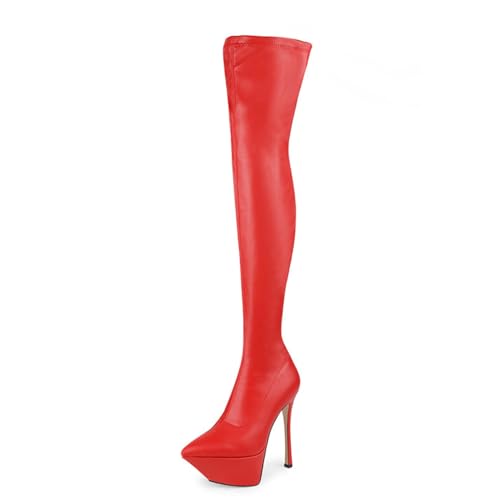 BAIRUNDA Overknee Stiefel Für Damen, Stretch-Stiefel Seitlicher Reißverschluss Stilettos High Heels Dicker Boden Wasserplattform Lange Stiefel Für Modenschau, Party, 15cm/5.90inch, 36 EU, Red von BAIRUNDA