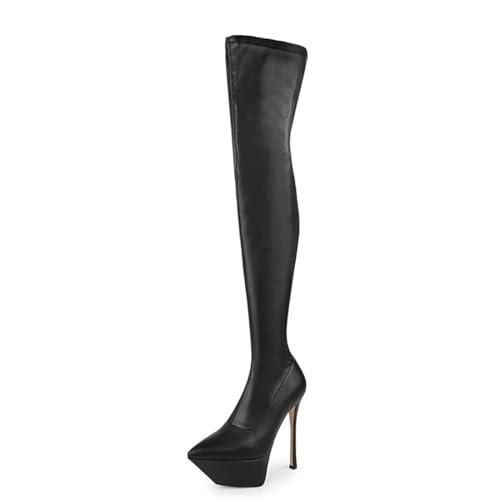 BAIRUNDA Overknee Stiefel Für Damen, Stretch-Stiefel Seitlicher Reißverschluss Stilettos High Heels Dicker Boden Wasserplattform Lange Stiefel Für Modenschau, Party, 15cm/5.90inch, 36 EU,Black von BAIRUNDA