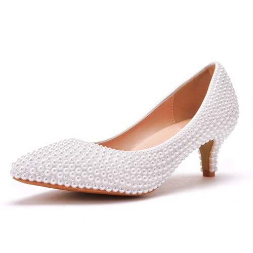 Damen Brautschuhe, 5 cm Weiße Perlen High-Heels, Flacher Mund Pumps Hochzeits Fotokleid Bequeme Spitze Zehen Bankett-Schuhe Mit Niedrigem Absatz, 35 EU,White von BAIRUNDA