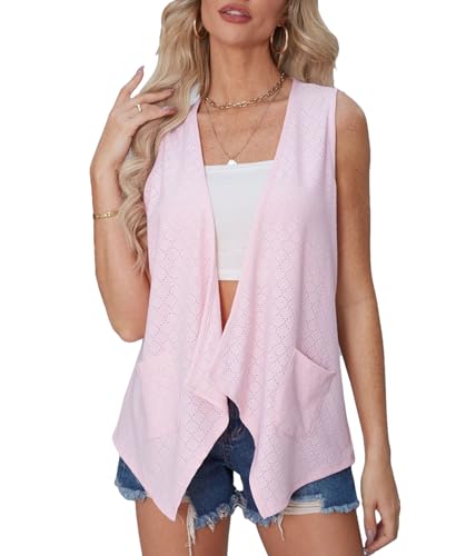 BAISHENGGT Damen Sommer Cardigan Open Front Drapiert Ärmellos Weste mit Seitentasche Casual Dressy Outfit Strickjacke Oberteile Rosa -1 S von BAISHENGGT