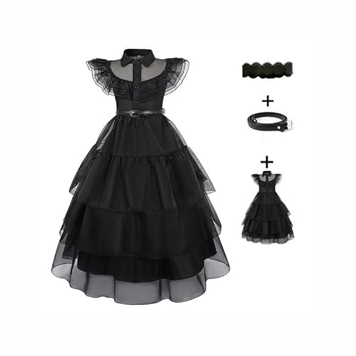 BALAKEBEI Wednesday Adams Kinderkleid Mädchen Abschlussball Kleid Schwarz Mesh Tüll Kleid Halloween Karneval Party Cosplay Kleid Abendkleid Gürtel Kleid von BALAKEBEI