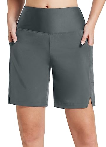 BALEAF Badeshorts Damen Lang Knielang Schnelltrocknend Badehose UV Schutz UPF 50+ Schwimmhose Hohe Taille Boardshorts mit Innenslip und Taschen Grau S von BALEAF