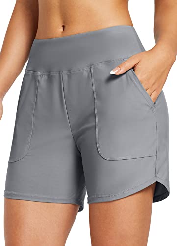 BALEAF Damen Badeshorts Bauchkontrolle UPF50+ Badehose Schnell Trocknend Schwimmhose Hohe Taille Boardshorts Schwimmunterteil mit Taschen Grau 3XL von BALEAF