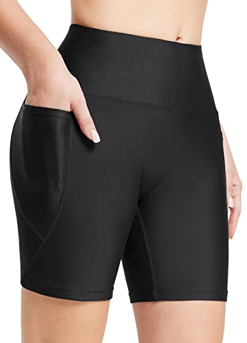 BALEAF Damen Badeshorts UPF50+ Badehose Chlorbeständig Boardshorts Hohe Taille Schwimmhose Bauchkontrolle Schwimmshorts Schwimmunterteil mit Taschen Schwarz 3XL von BALEAF