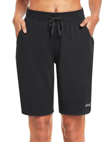 BALEAF Damen Bermuda Shorts Baumwolle Sweathose Sommerhose kurz mit Taschen für Yoga, Sport, Freizeit Schwarz L von BALEAF