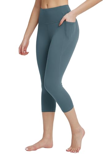 BALEAF Damen Capri Leggings 3/4 Yogahose Sporthose mit Handytaschen Innentasche am Taille, Trainingshose Sport Leggings Blickdicht Atmungsaktiv Hellblau M von BALEAF