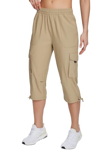 BALEAF Damen Cargo Hose Capris Wanderhosen Schnelltrocknend Leicht Elastische Taille Outdoor Trekkinghose mit Taschen Braun S von BALEAF