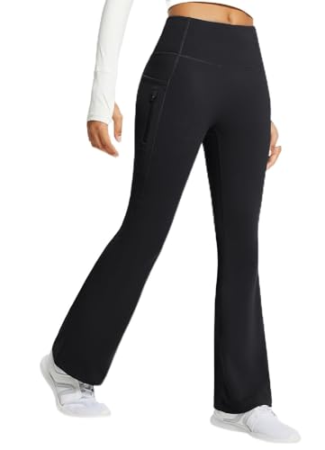 BALEAF Damen Fleece Lined Thermo Yogahose Bootcut Flare Hose High Waist Outdoorhose Wasserdicht Warm mit Taschen Schwarz M von BALEAF