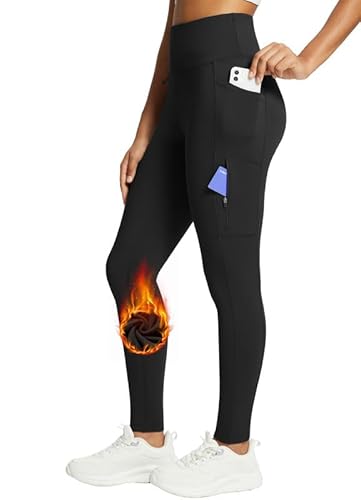 BALEAF Damen Fleece gefütterte Leggings Hoch taillierte Wanderleggings wasserdichte Thermo-Laufhose mit Reißverschlusstaschen Schwarz XS von BALEAF