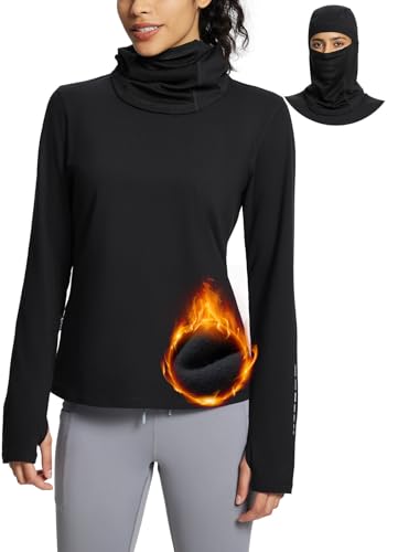 BALEAF Damen Fleeced Thermo Shirts Langarm Thermo Unterwäsche Oberteil mit Daumenloch Masken für Skifahren Laufen Winter Schwarz L von BALEAF